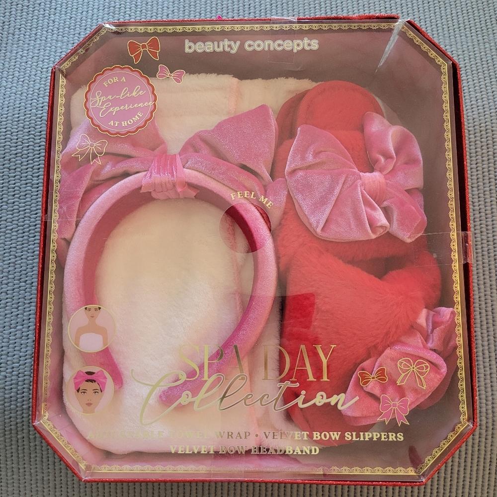 🆕️ 3 Piece Spa Day Collection Pink Red Soft Headband Slippers Towel